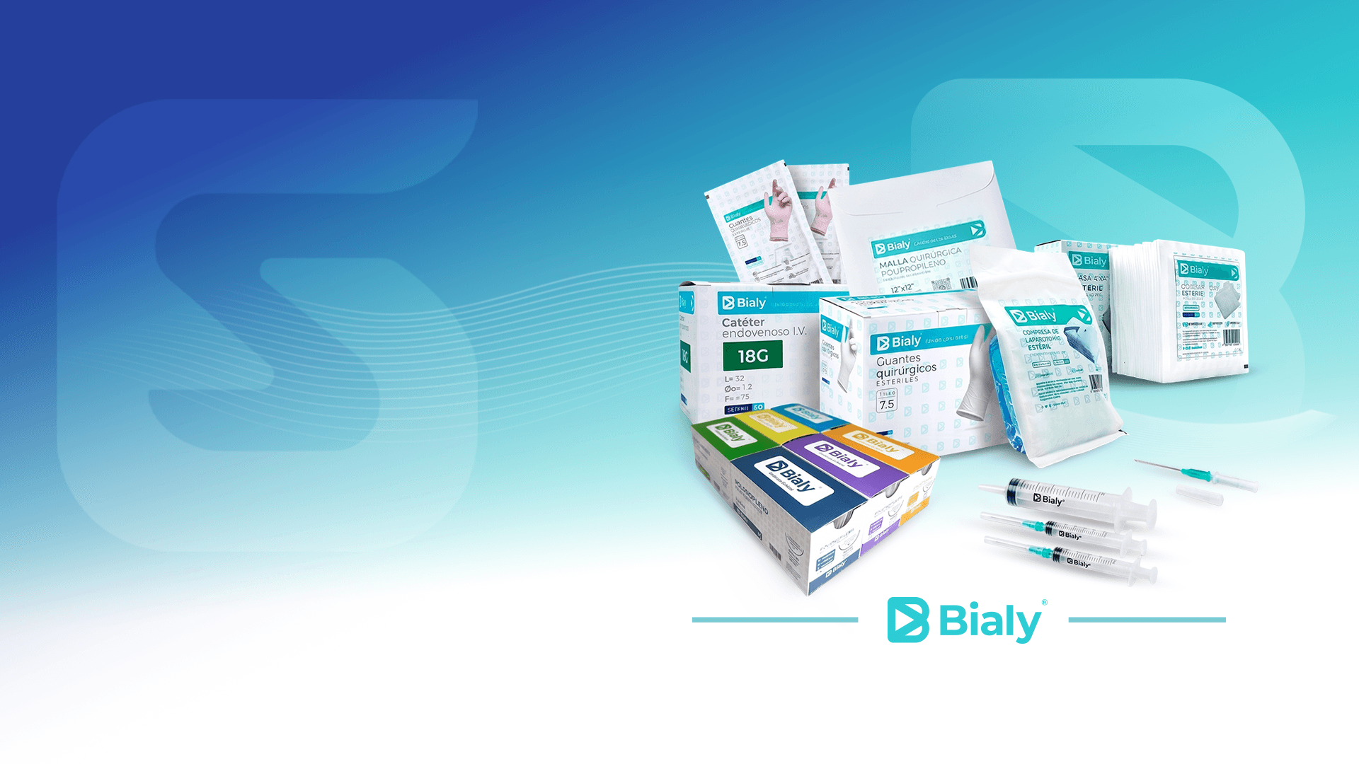 Catéteres, guantes quirúrgicos, gasas, mallas y jeringas de la línea Bialy
